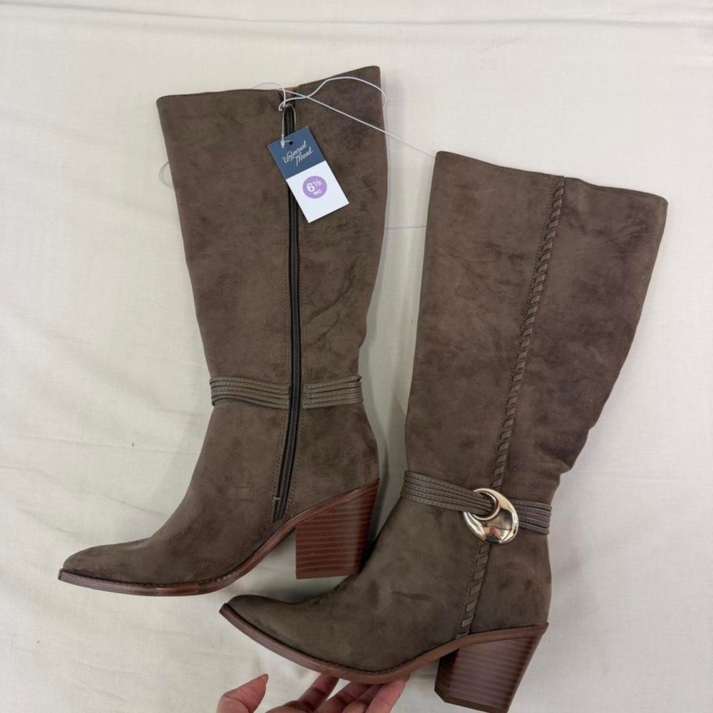 Brown faux suede knee-high boots